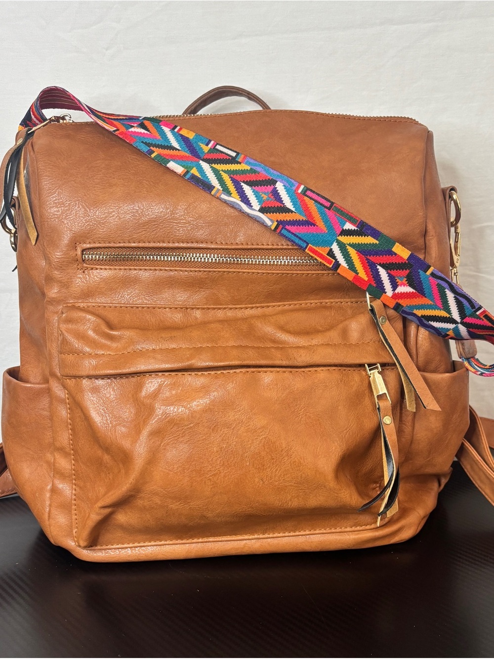 Women's Tan Faux Leather Backpack Caramel Color with Colorful Reversible Strap